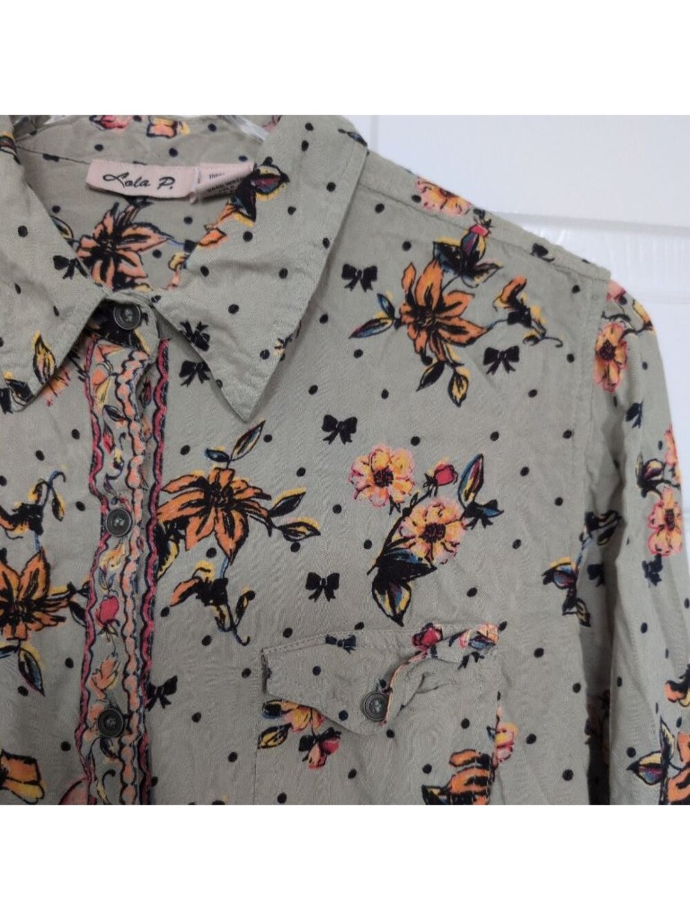 Lola P Floral Shirt Womens Size Large Green Boho Roll Tab Sleeves Button Front - Picture 5 of 12